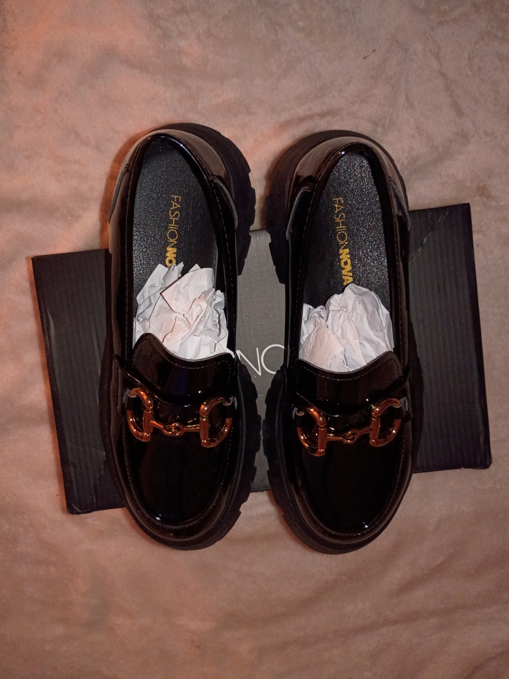 Fashion Nova Black Patent Loafers with Gold Hardware - Womens